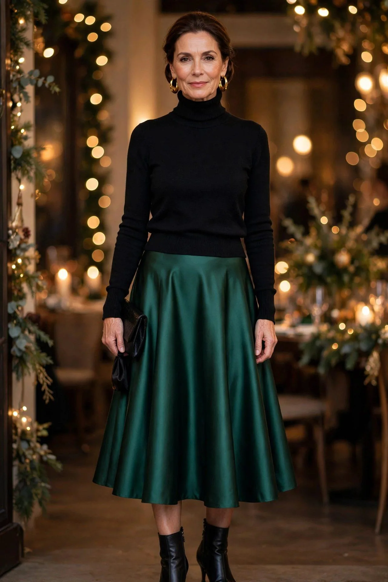 Festive elegant woman in emerald midi skirt and black turtleneck.