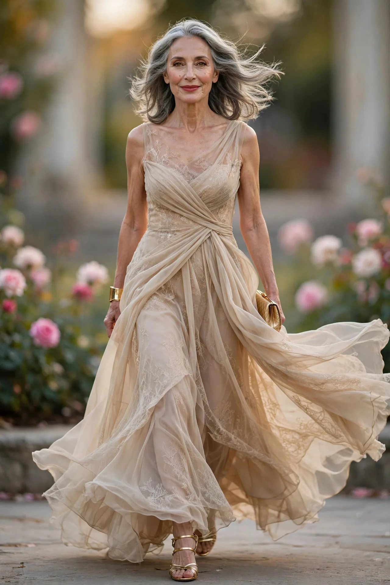 Mature woman in champagne chiffon A-line gown with gold sandals at formal wedding