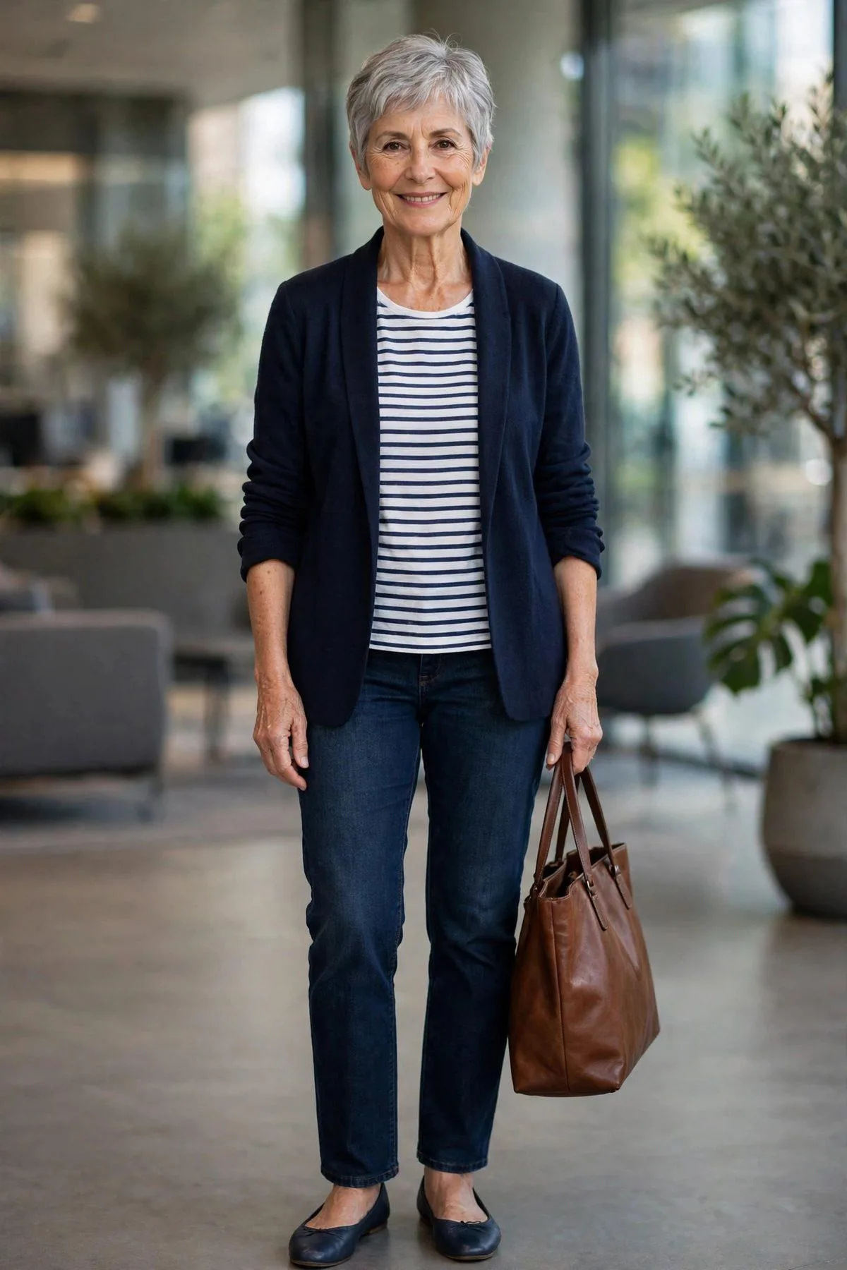 Knit Blazer, Striped Tee & Dark Jeans