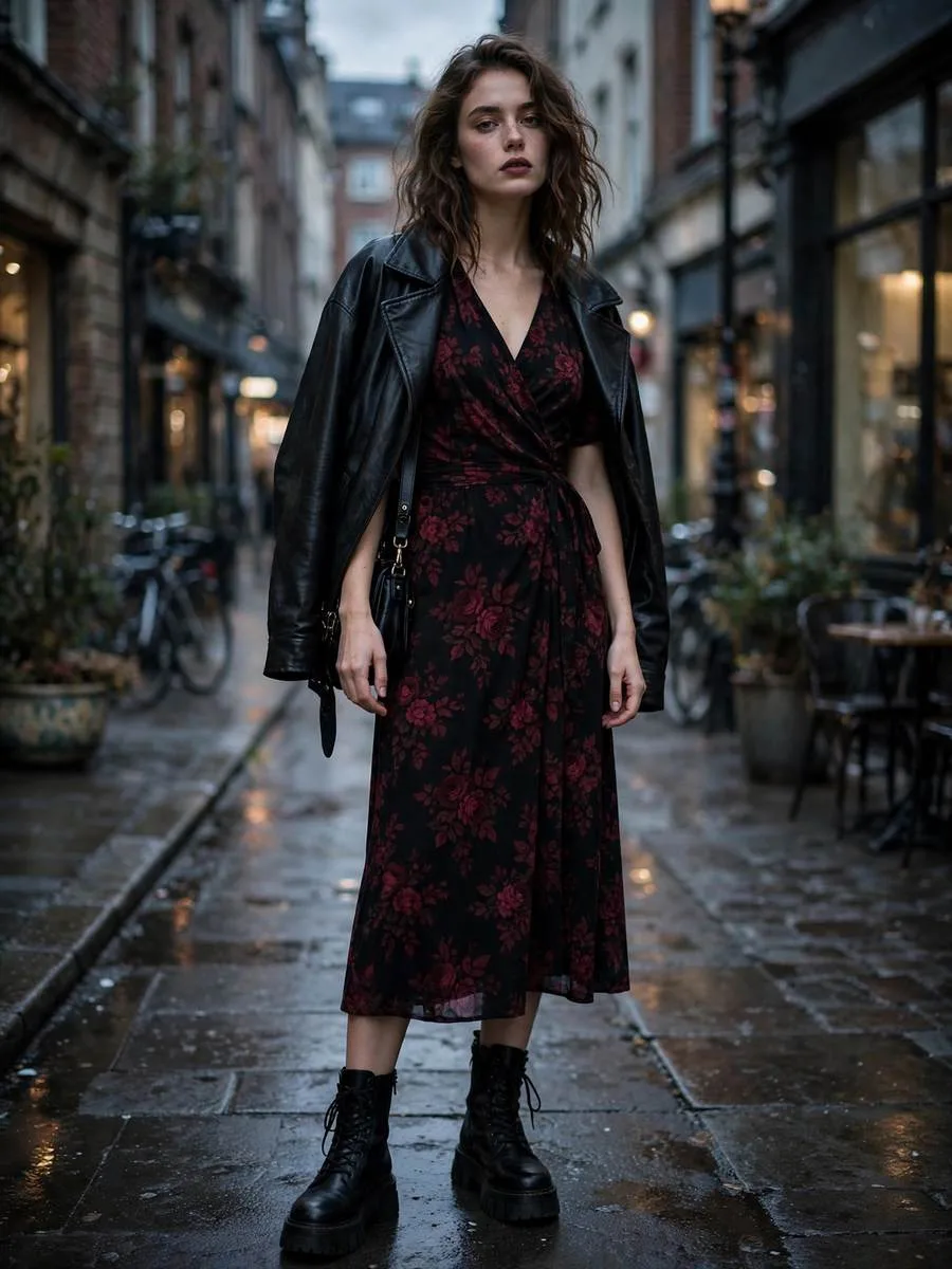 Dark floral midi dress with burgundy blooms styled with combat boots.