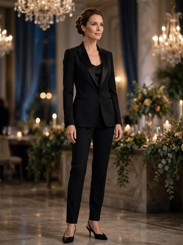 Black tuxedo blazer with satin lapels, tapered trousers and slingback heels.