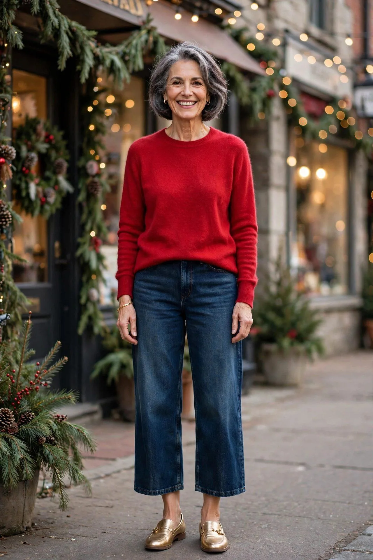 Joyful late-50s woman in red sweater with cropped wide-leg jeans on holiday street