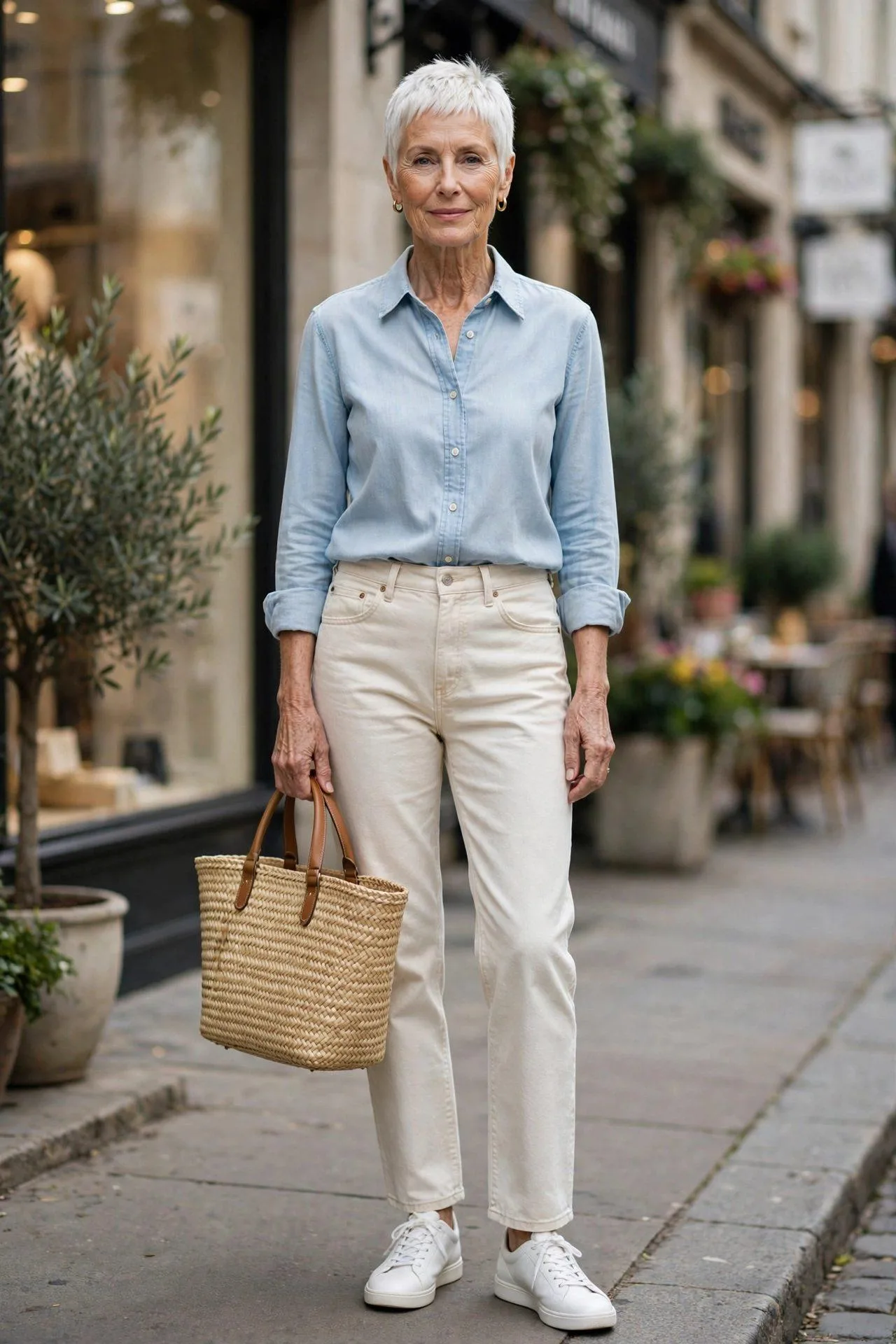 Straw Tote with Leather Handles
