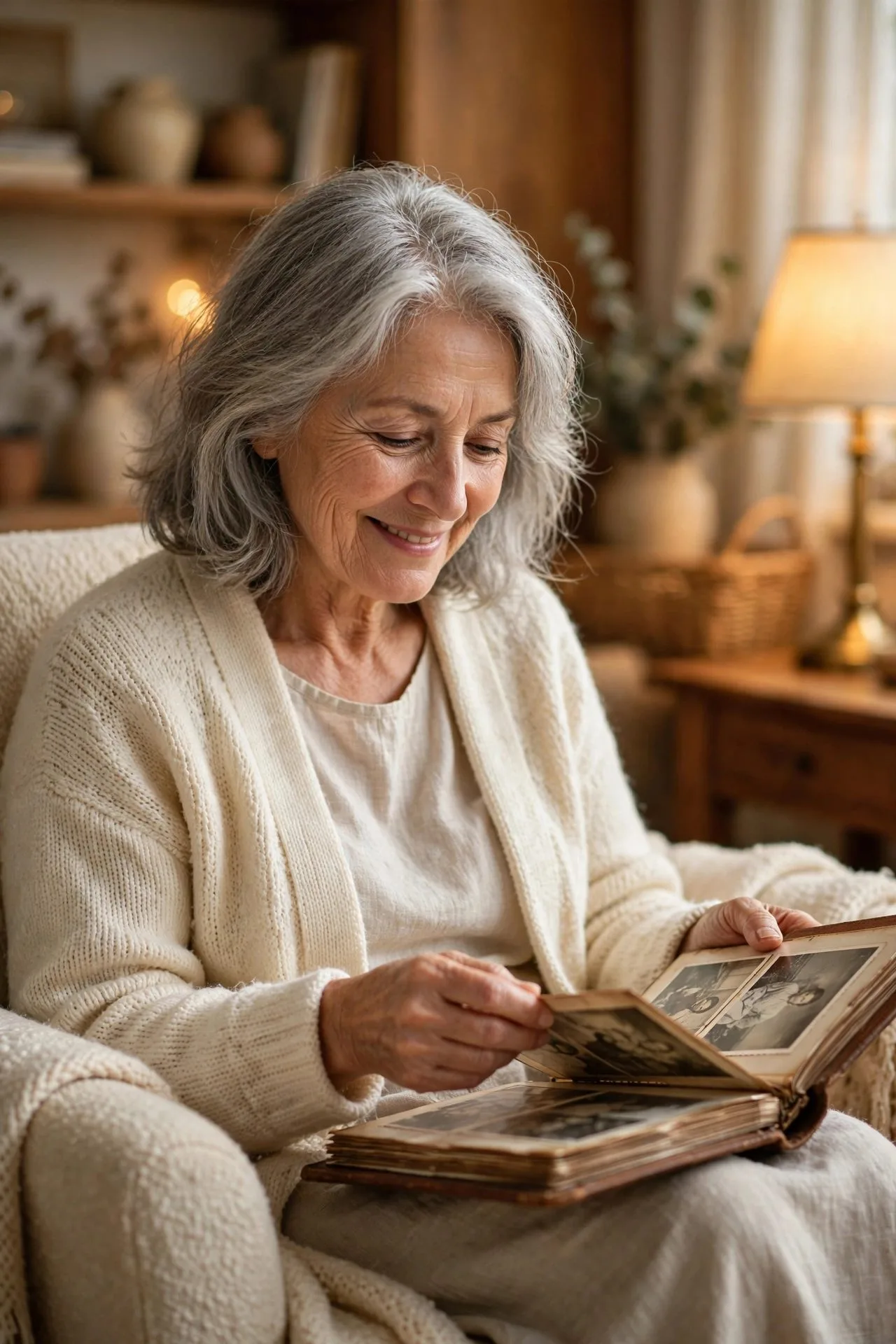 Serene older woman writing letter by window with soft light