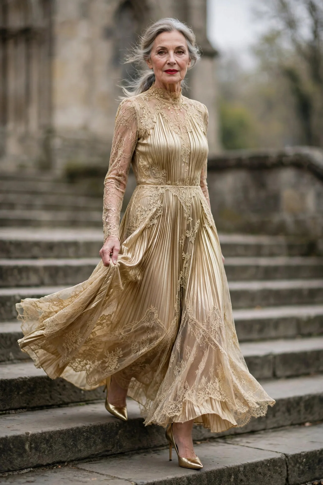 Golden Hour Gown — A champagne-gold pleated lamé maxi gown with long sleeves, a high neckline and a flowing A-line skirt, worn with gold metallic pointed-toe heels.