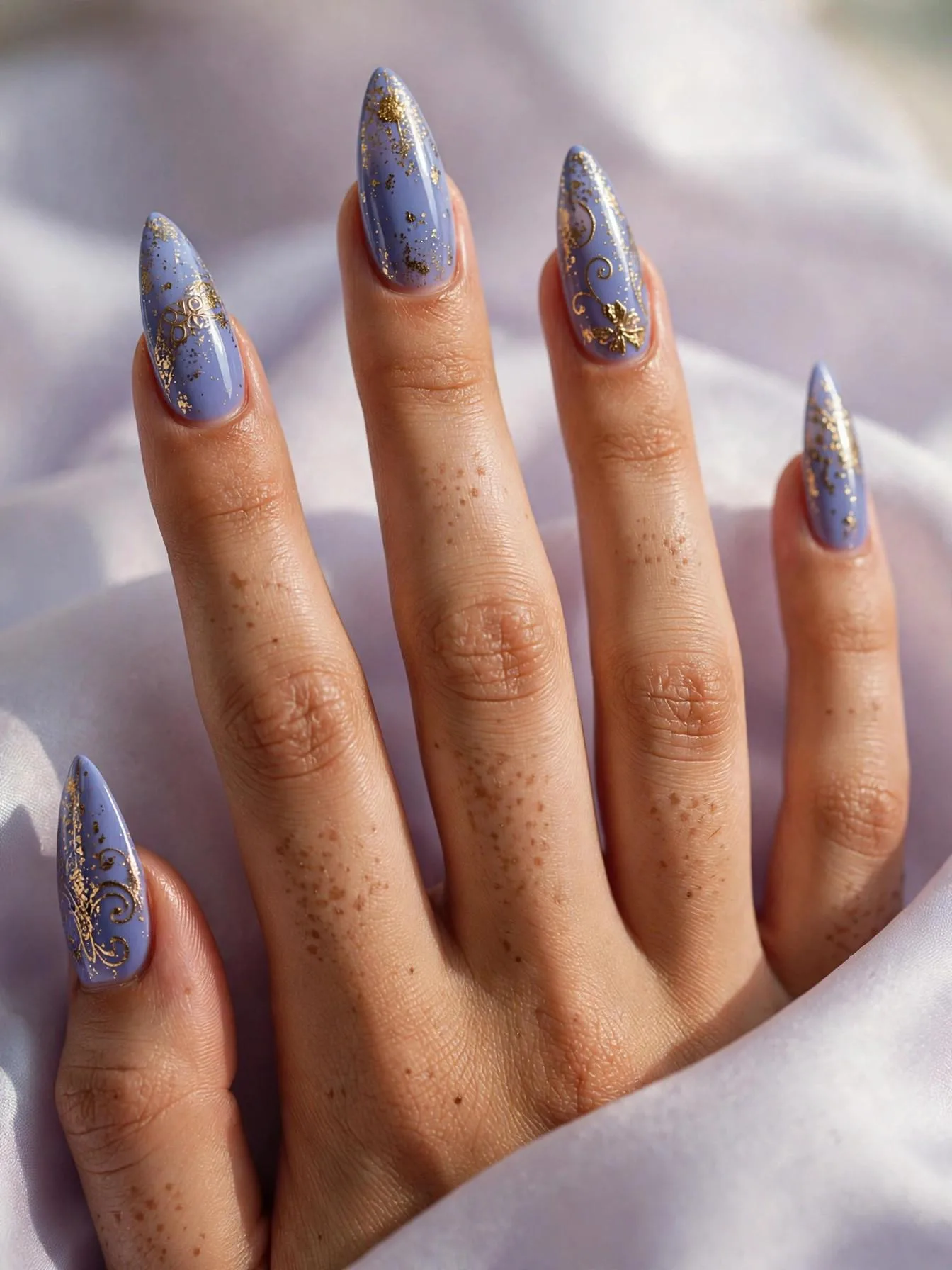 Long stiletto nails in glossy periwinkle with gold glitter and gold patterning.