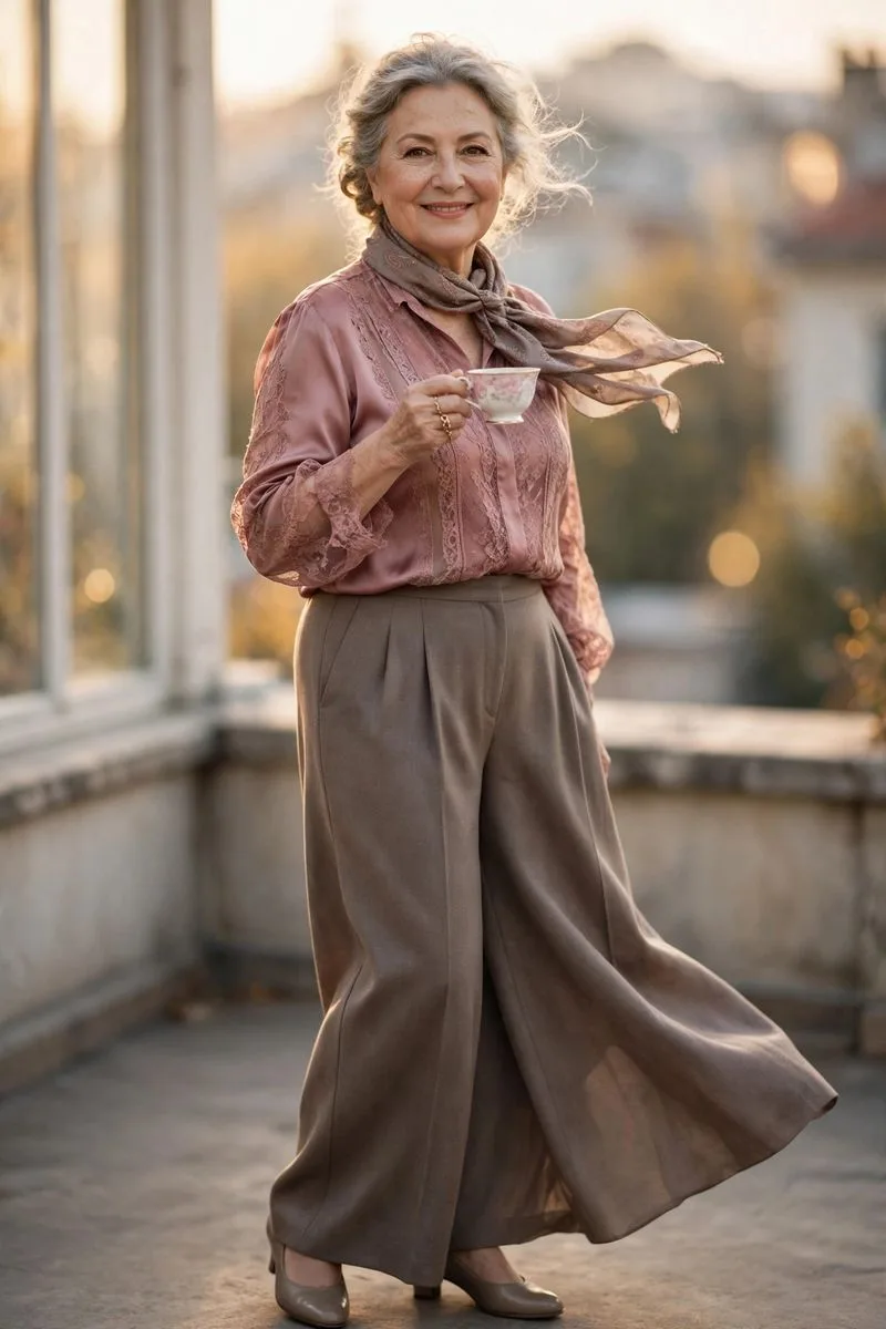 Relaxed mature woman holding a warm teacup with both hands by bright window.