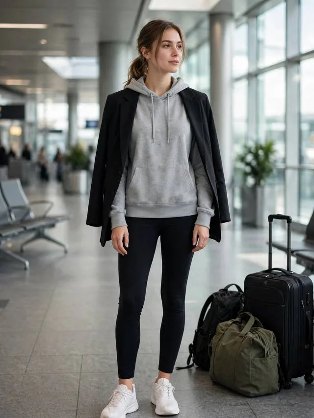 Black blazer thrown over gray hoodie with black leggings and clean trainers.