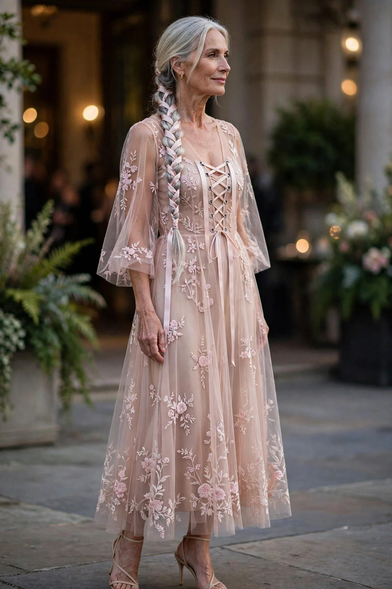 Serene older woman in a blush sheer floral-embroidered gown laced with pink ribbons, braid woven with ribbon, at a formal gala.