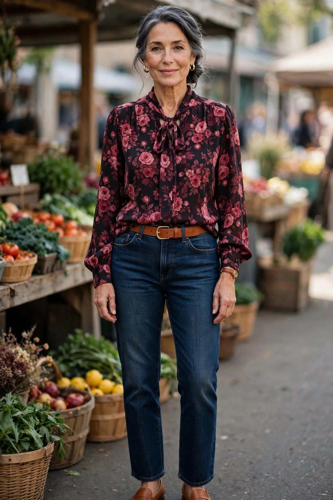 Woman in her late 50s wearing a romantic dark floral blouse with a soft tie neck tucked into dark indigo jeans with a tan belt, loafers and a gold watch.