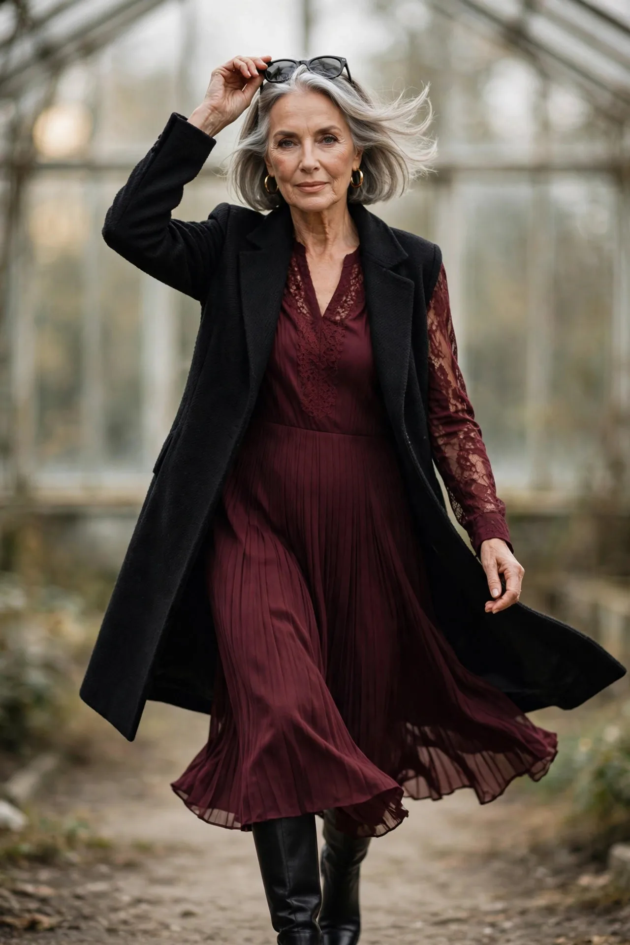 Burgundy Statement Solo — A burgundy pleated midi dress with long sleeves and a modest V-neck, worn under a structured black wool coat, with black knee-high boots and gold hoops.