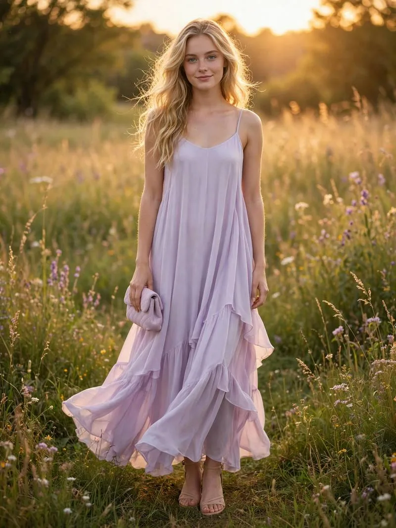 Pastel lavender maxi dress with nude clutch at golden hour.