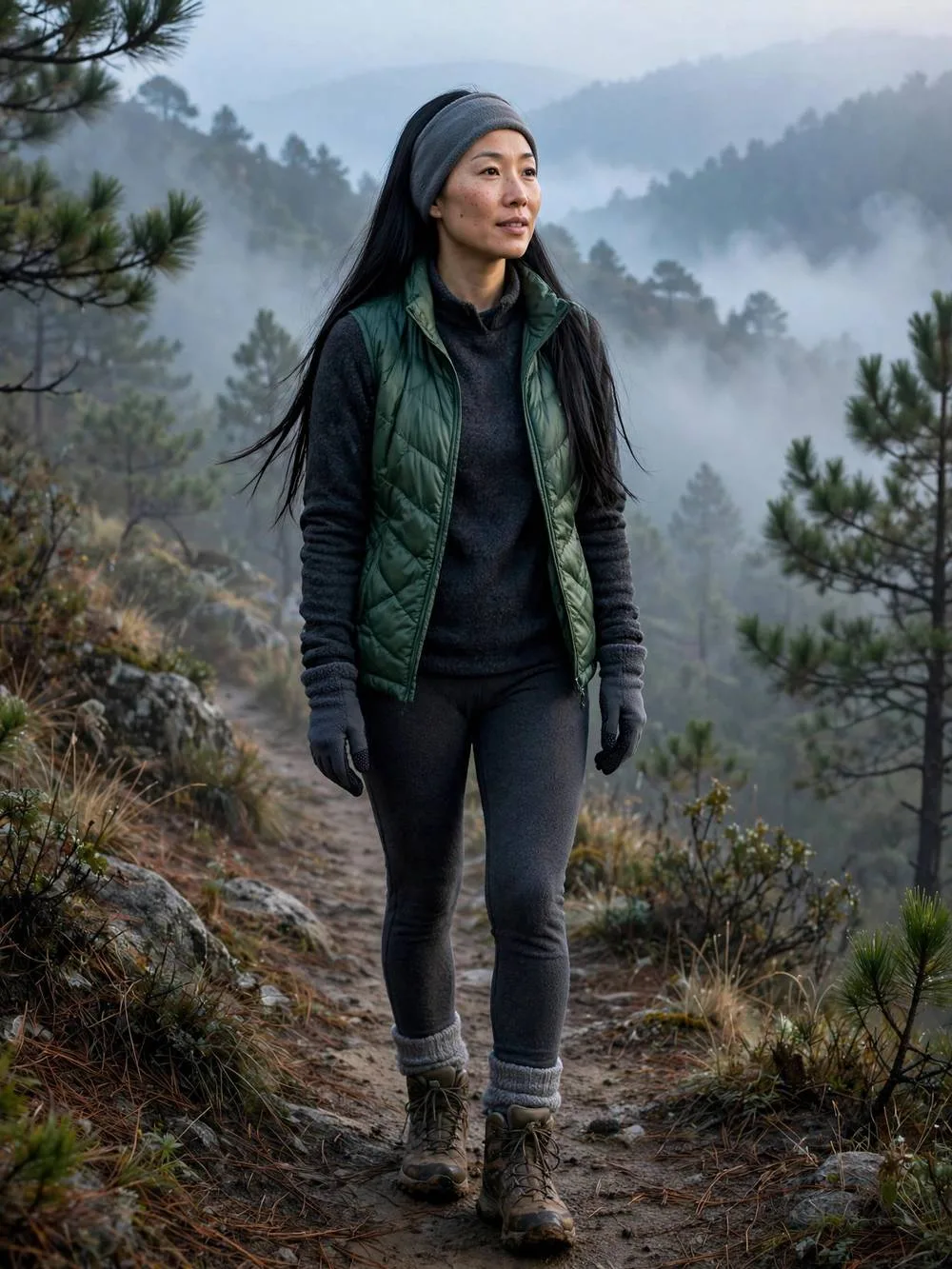 Woman layered in puffer vest and down jacket on a misty mountain morning.