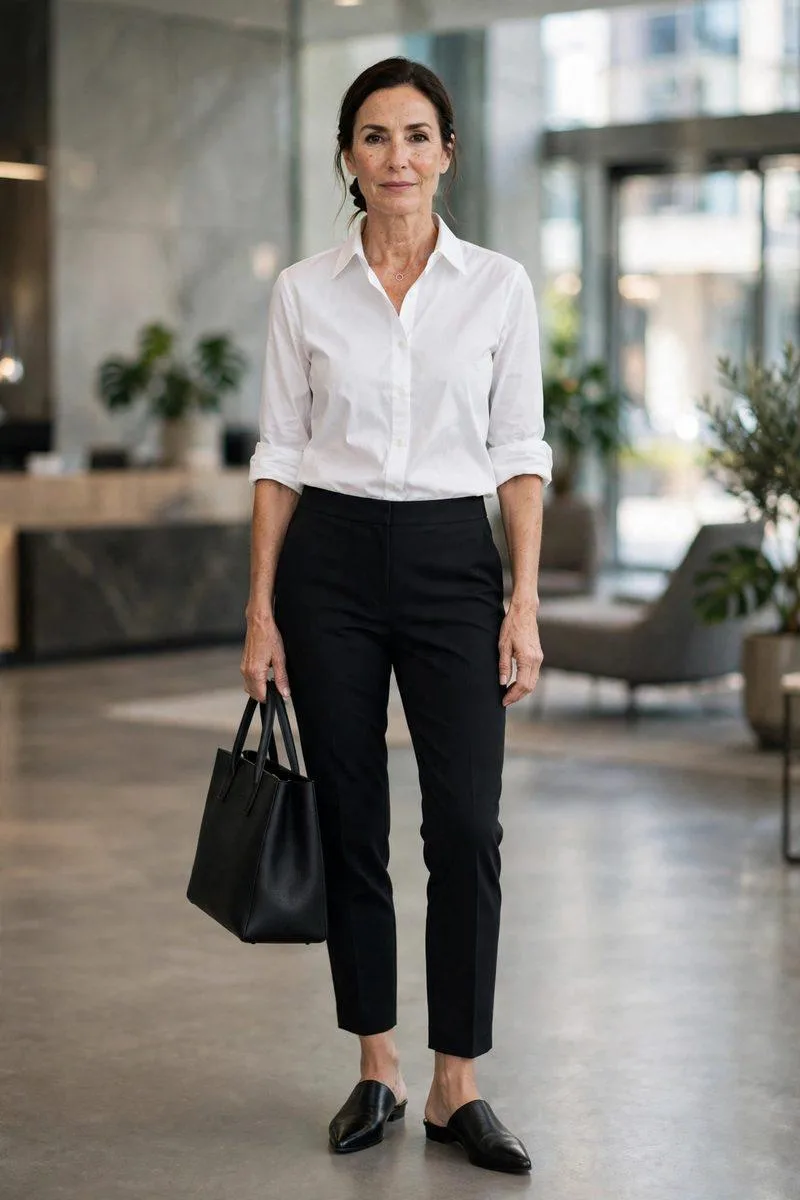 Composed mature woman with pulled-back dark hair in a white poplin shirt, tailored black ankle pants and mules