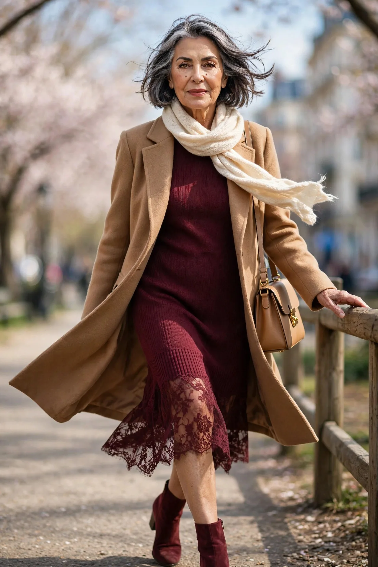 Autumn Wool Coat — A camel wool single-breasted coat worn open over a burgundy fine-knit sweater dress, with a cream knit scarf.