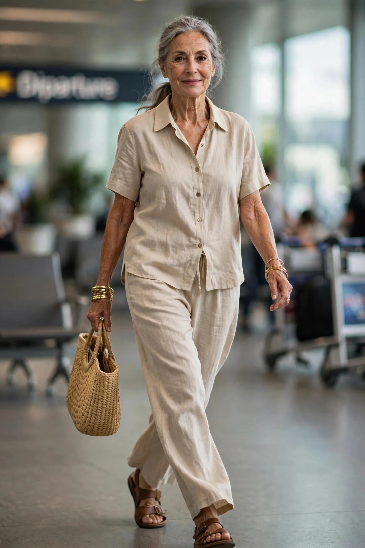 Confident older woman in matching beige linen shirt and pants set with raffia bag
