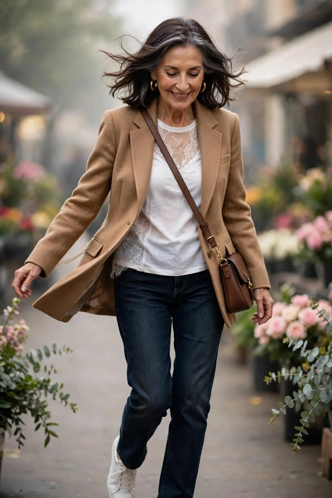 Curious 64-year-old woman mid-step at a vibrant flower market street.