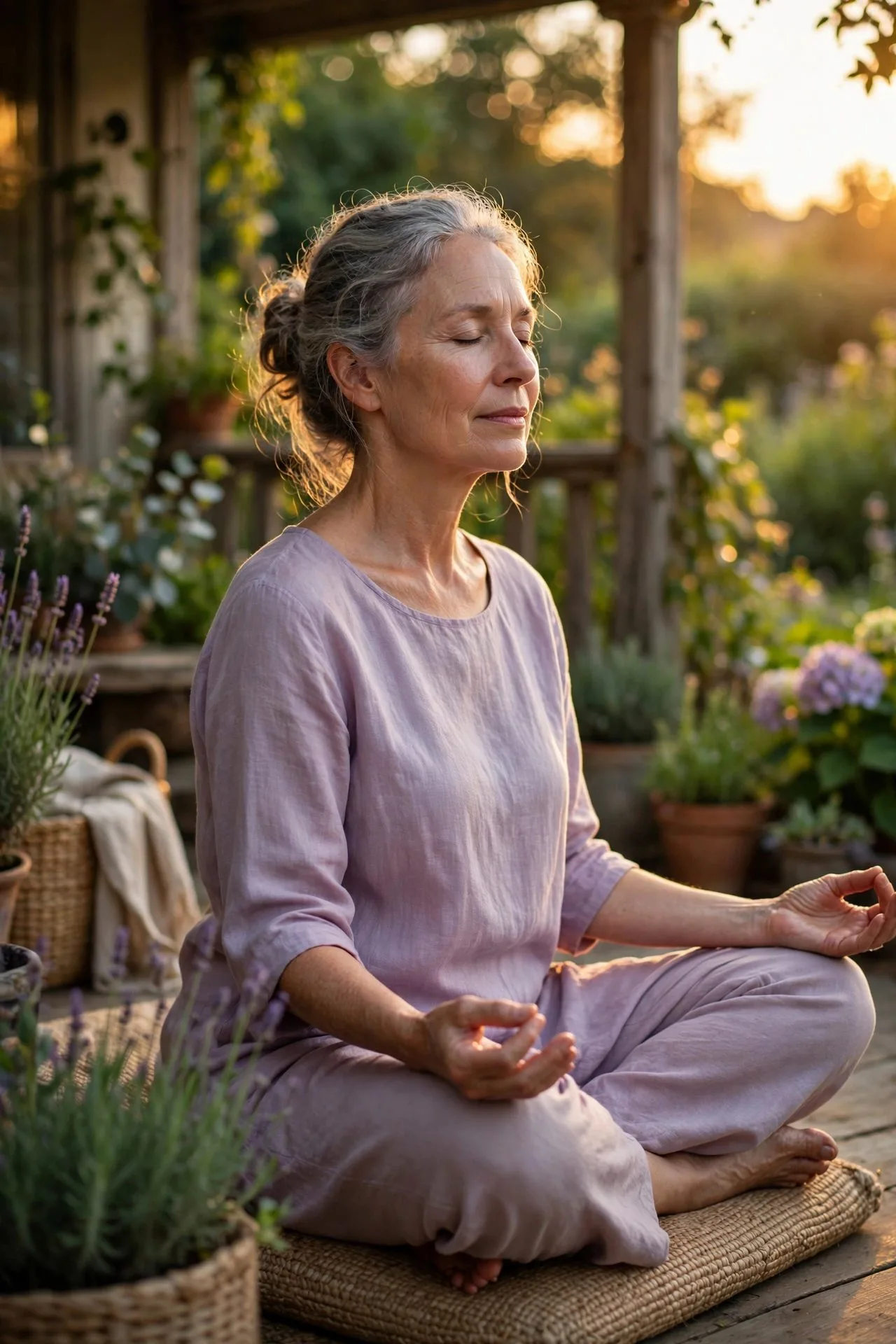 Calm senior woman meditating quietly on porch at sunrise