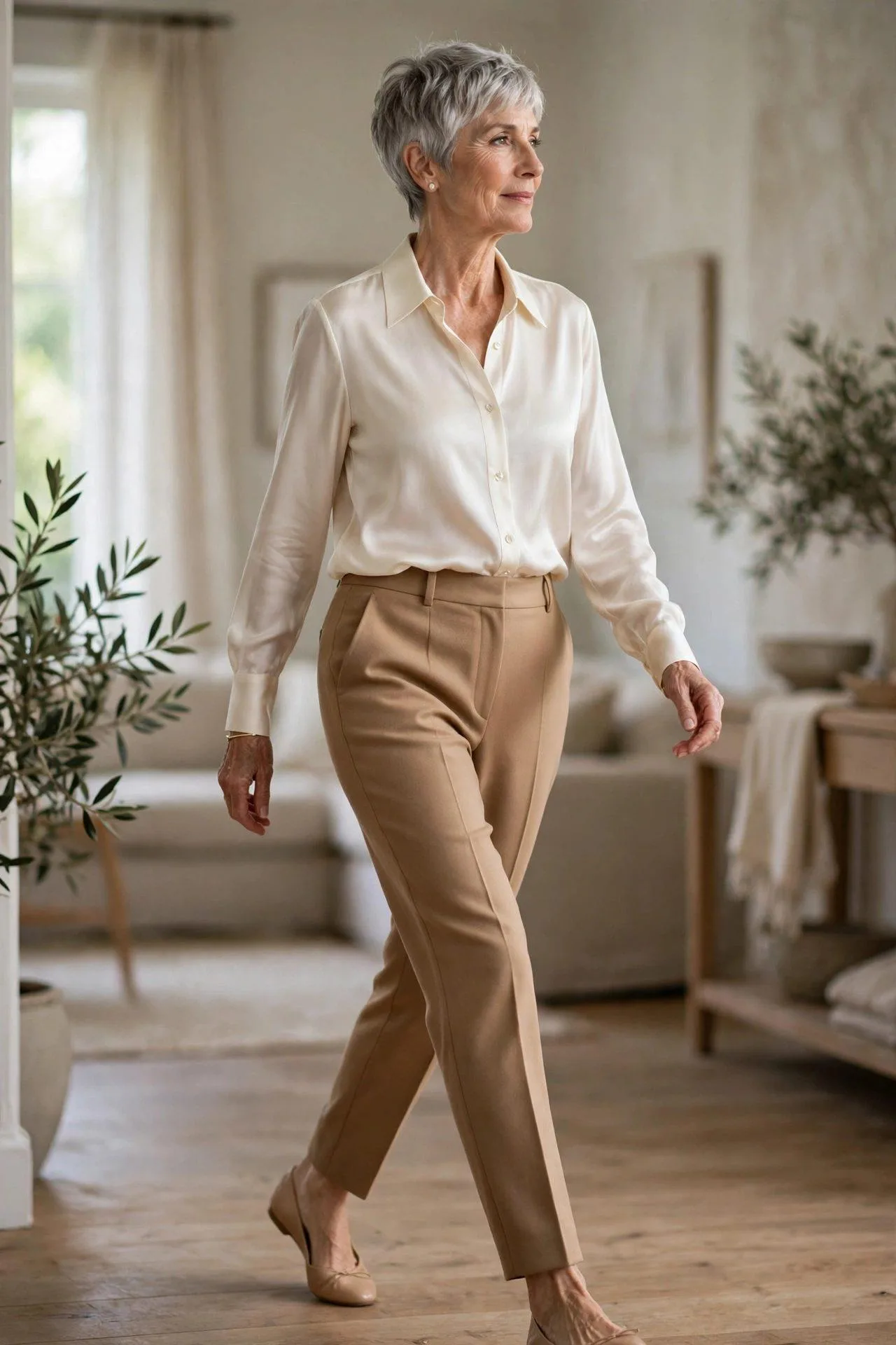 Lady in her sixties dressed in a champagne silk button-up tucked into tan slacks, ageless refined attire.
