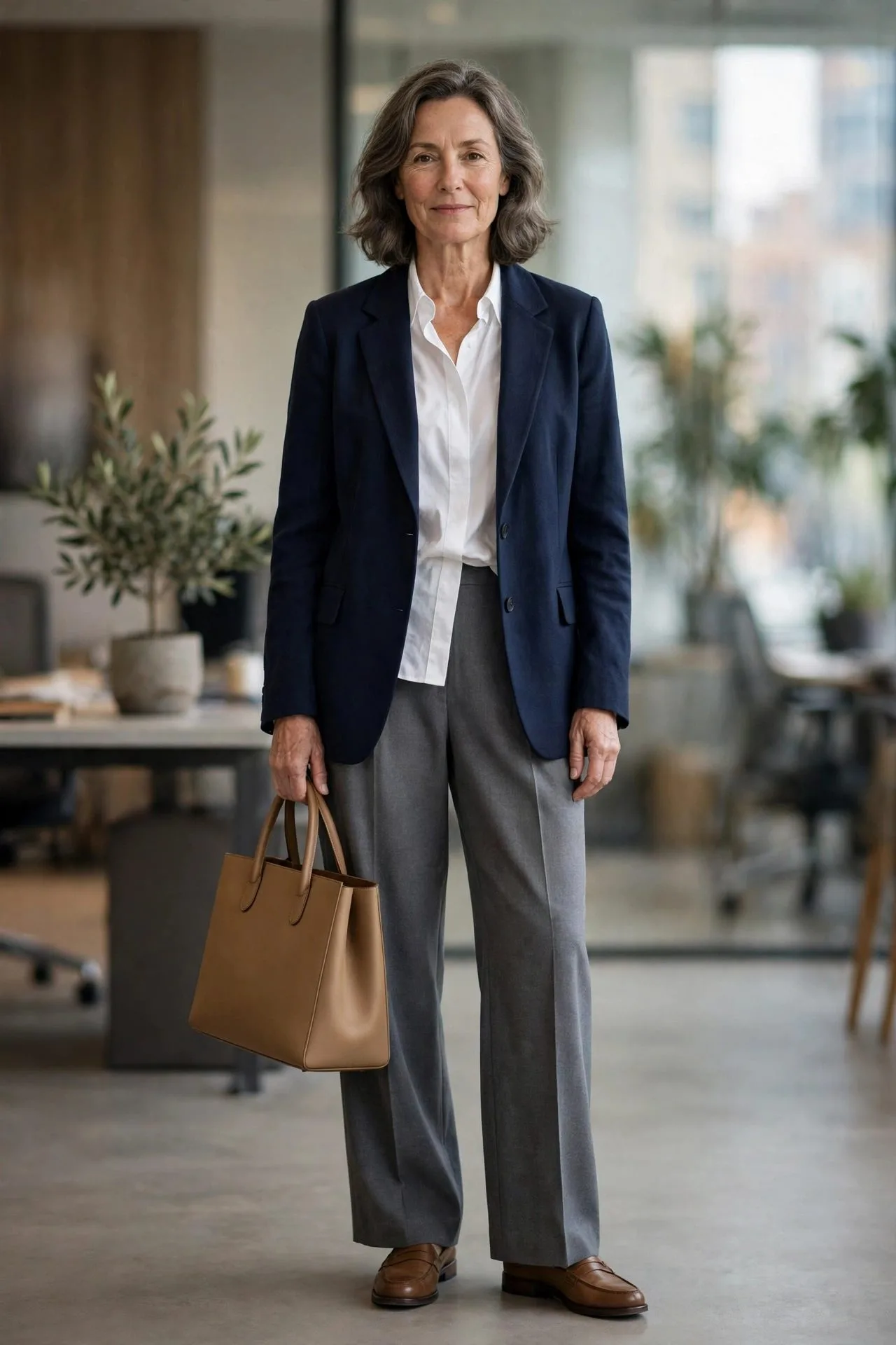 Woman over 50 in navy blazer, white shirt, gray trousers