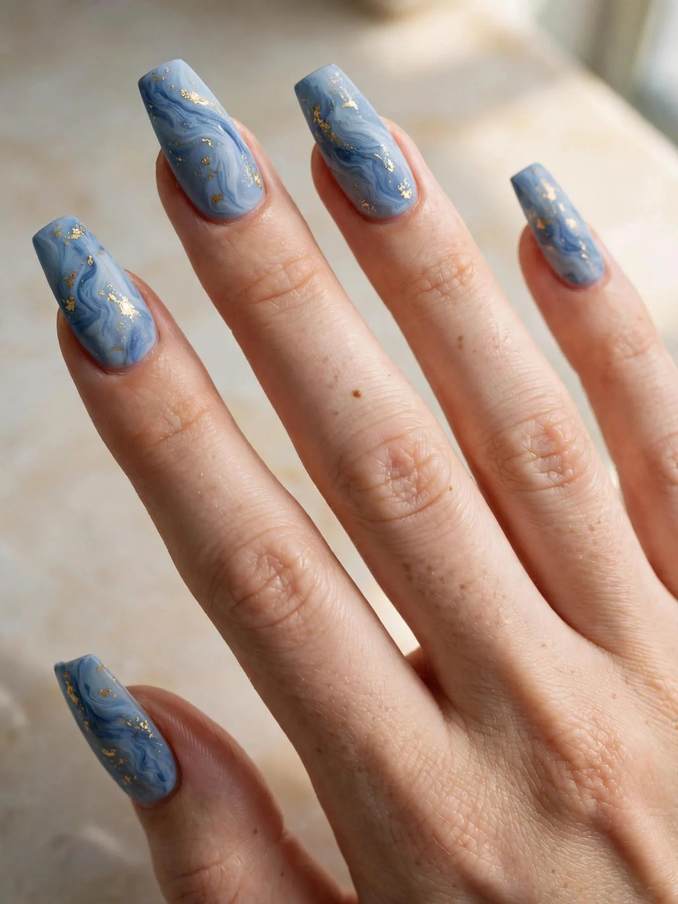 Long coffin nails in matte blue marble veining with embedded gold flakes.