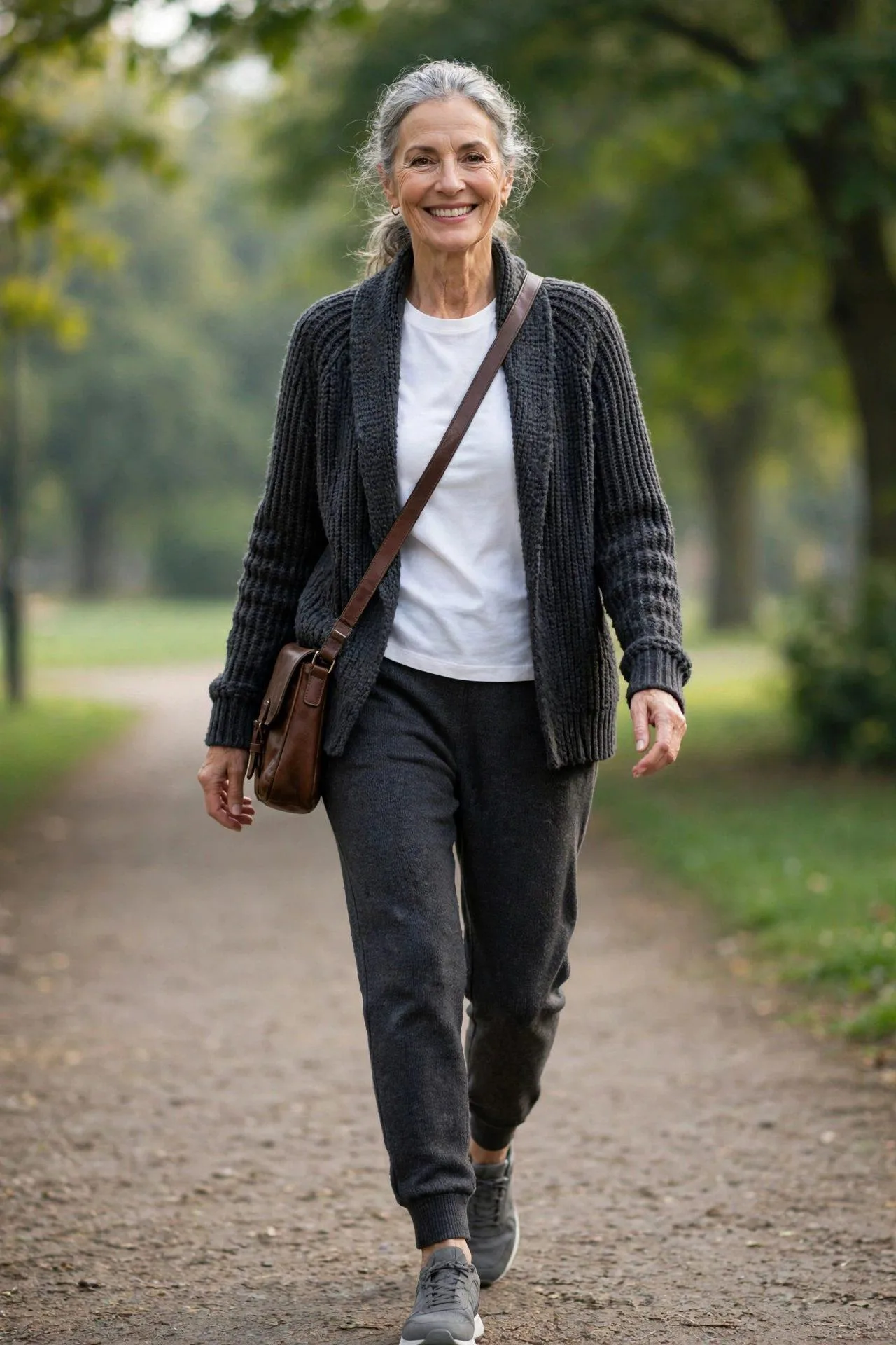 Active woman over 60 in structured knit joggers with a cozy cardigan-jacket on a park walk.