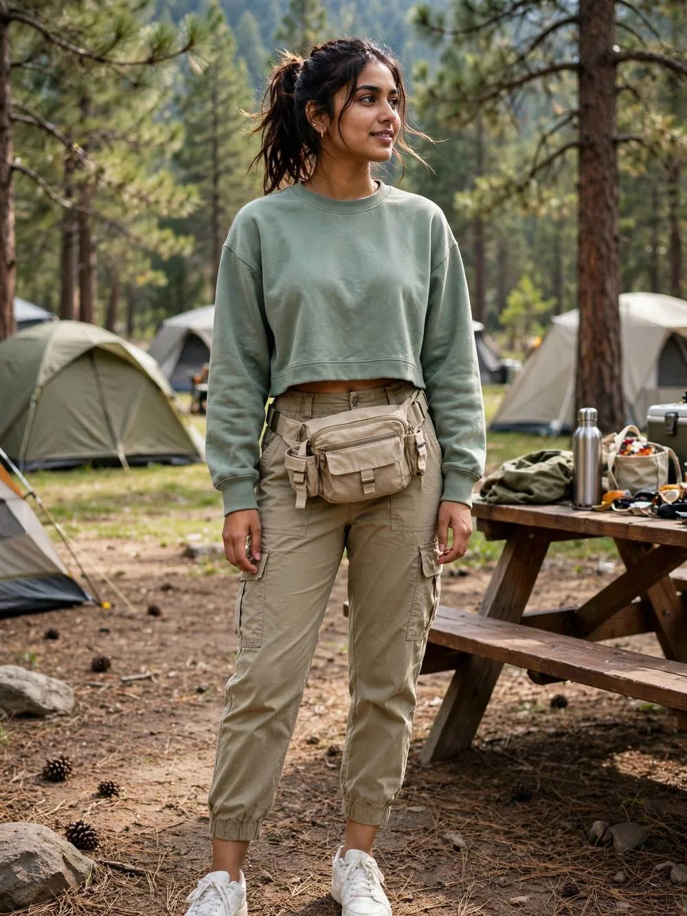 Woman in khaki cargo pants and cropped sage sweatshirt at a campsite.