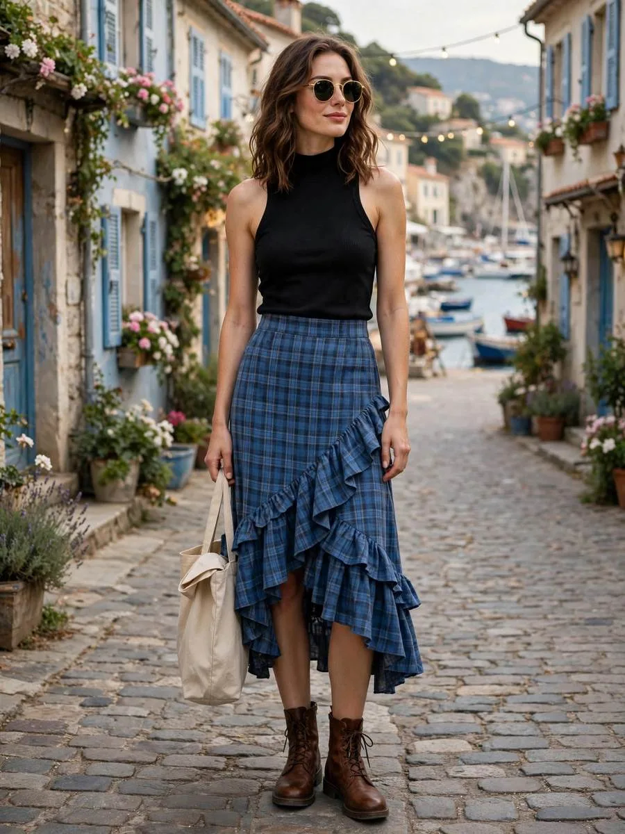 Blue plaid ruffled skirt with black tank top and sturdy brown boots.