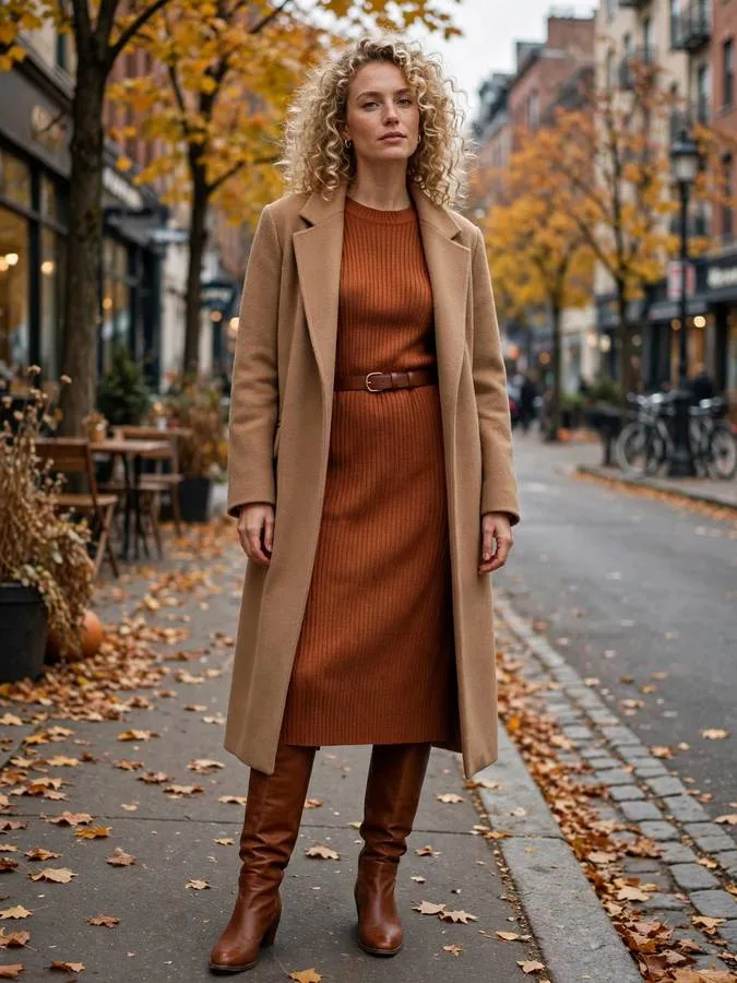 A woman in a rust knit sweater midi dress with knee-high boots.