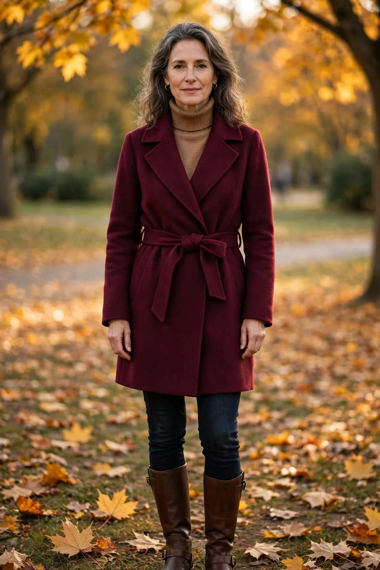 Woman over 50 wearing burgundy wrap coat and tan riding boots.