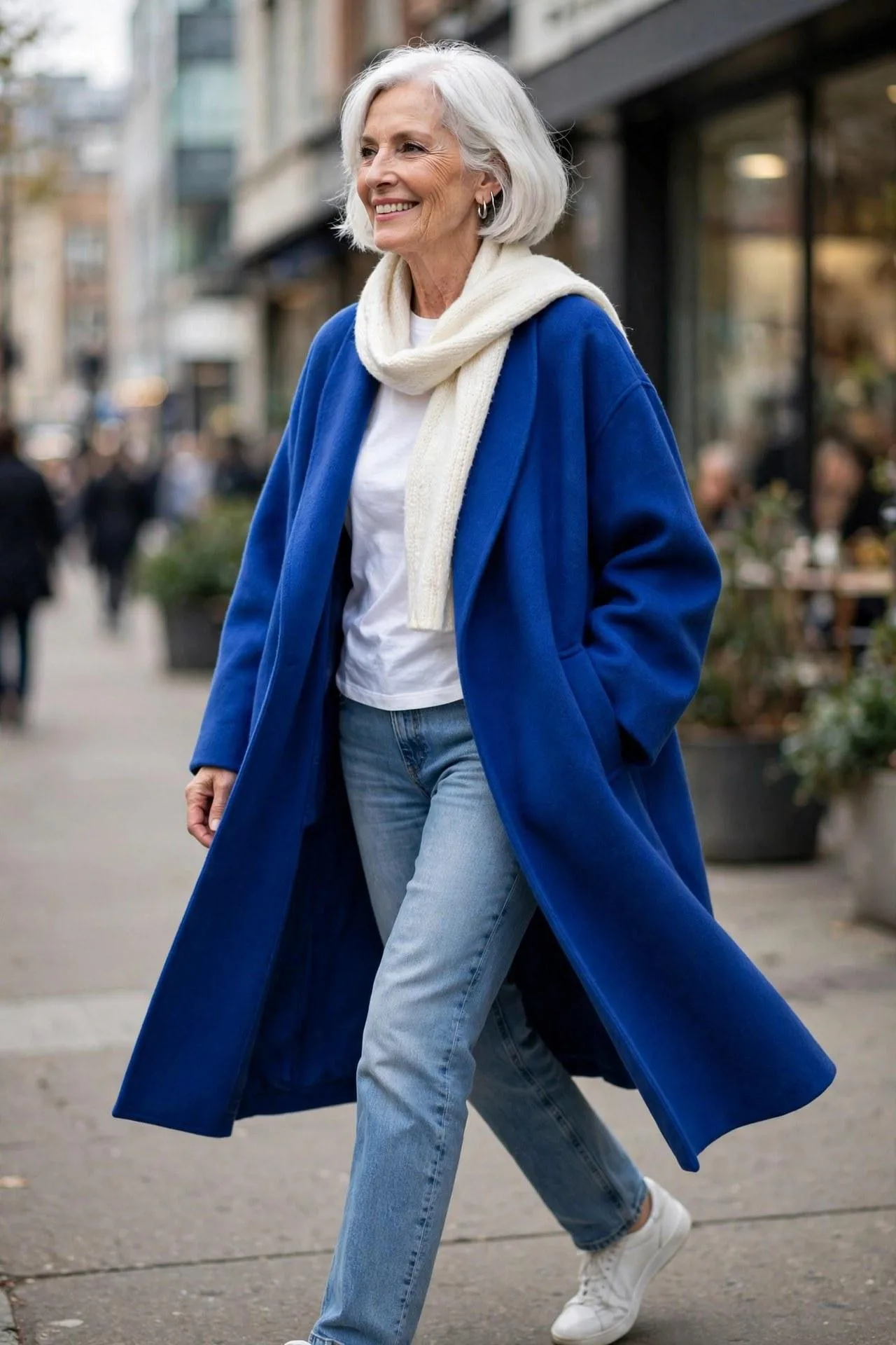Laughing white-haired woman in a brilliant blue oversized coat, white tee and jeans — fearless chic outfits for everyday casual outfits.