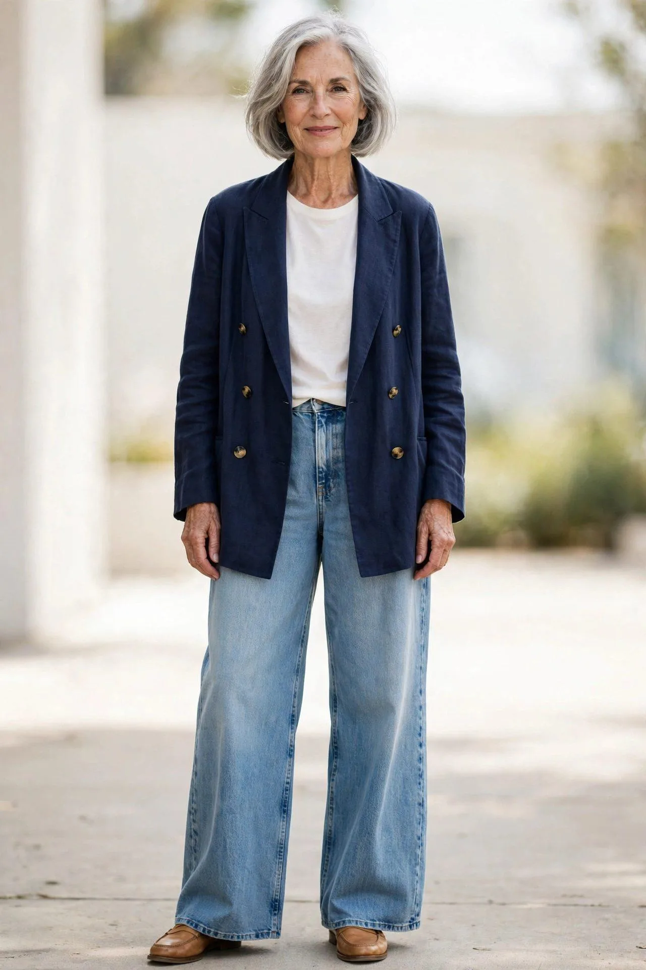 Relaxed double-breasted navy jacket worn open with casual wide jeans