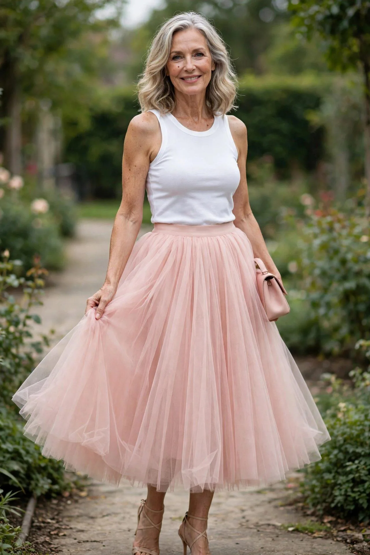 Mature fashion lover channeling Carrie Bradshaw in a pink tulle midi tutu, white fitted tank, and strappy nude sandals outdoors.