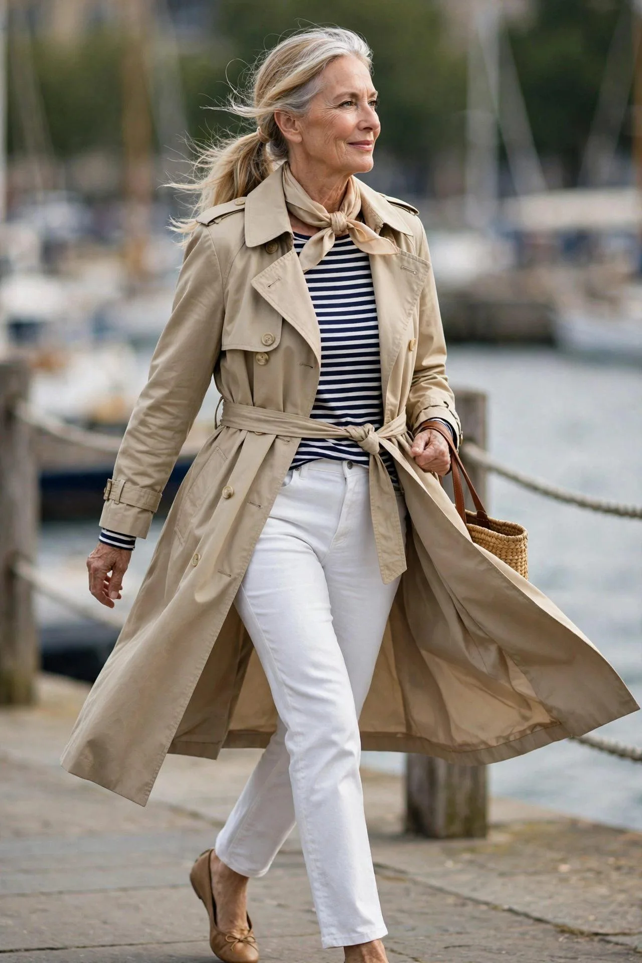 Woman in her late 50s wearing a timeless beige trench coat with a belted waist over a striped Breton top and white jeans, with ballet flats and a woven tote.