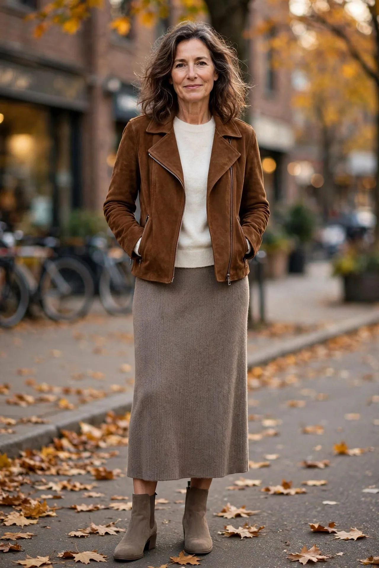 Woman over 50 wearing chestnut suede moto jacket and midi skirt.