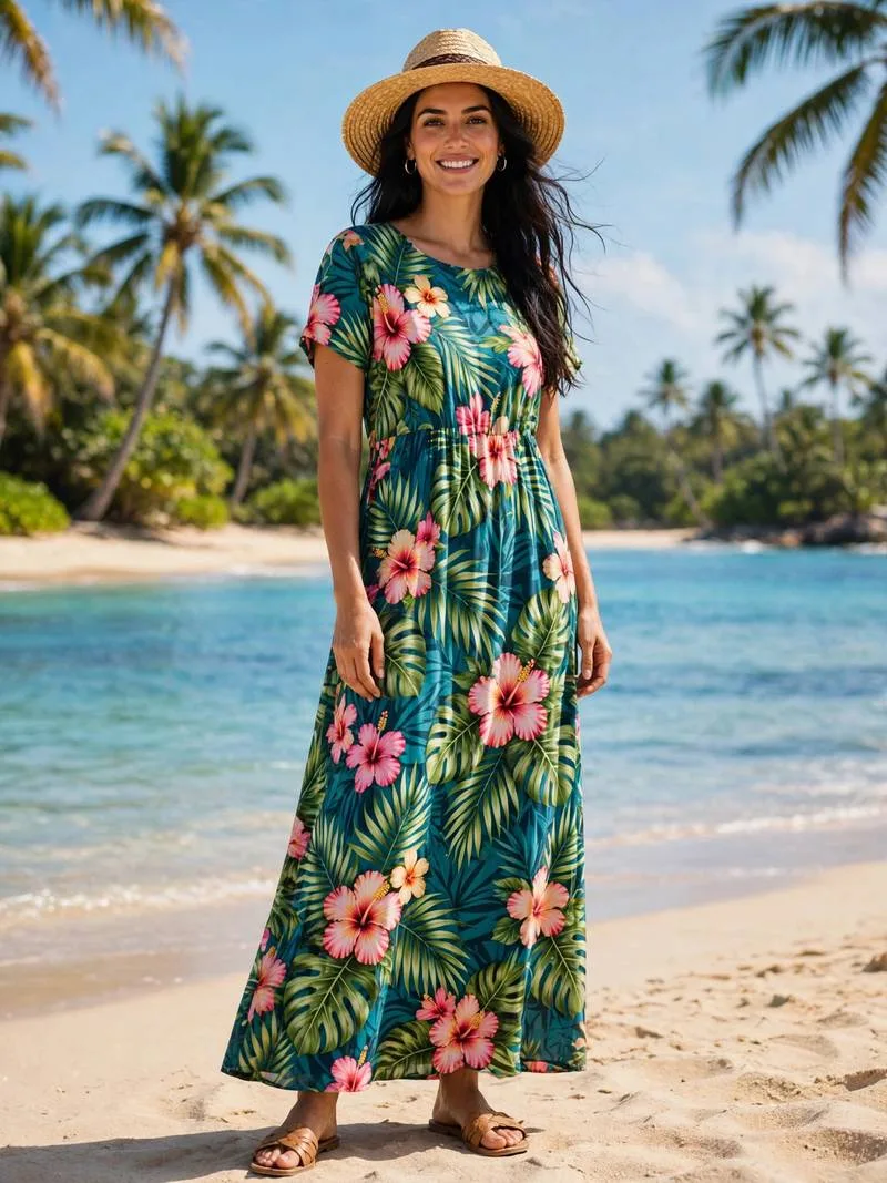 Tropical print maxi dress with straw hat on vacation.