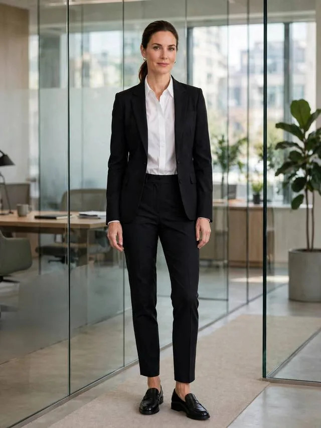 Business casual black blazer with crisp white shirt, tailored trousers and loafers.