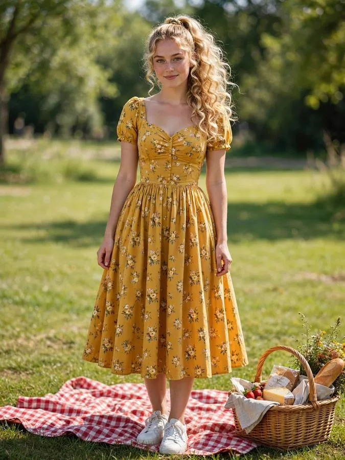 A woman in a mustard floral tea dress with white sneakers.