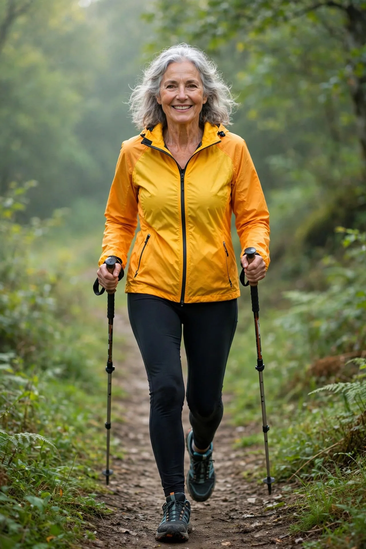 Active senior woman walking with dog on morning trail