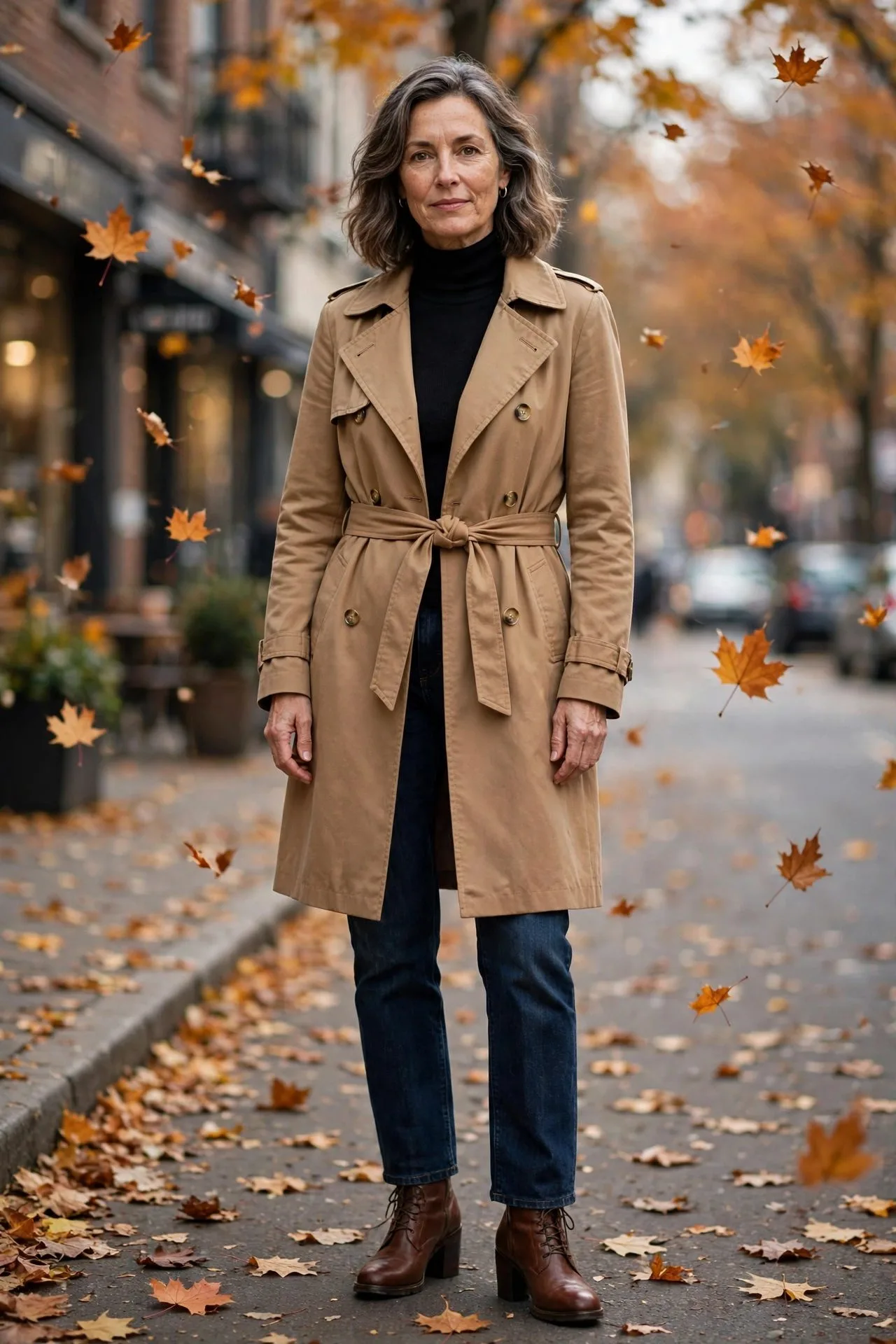 Woman over 50 in camel trench coat with black turtleneck and jeans.