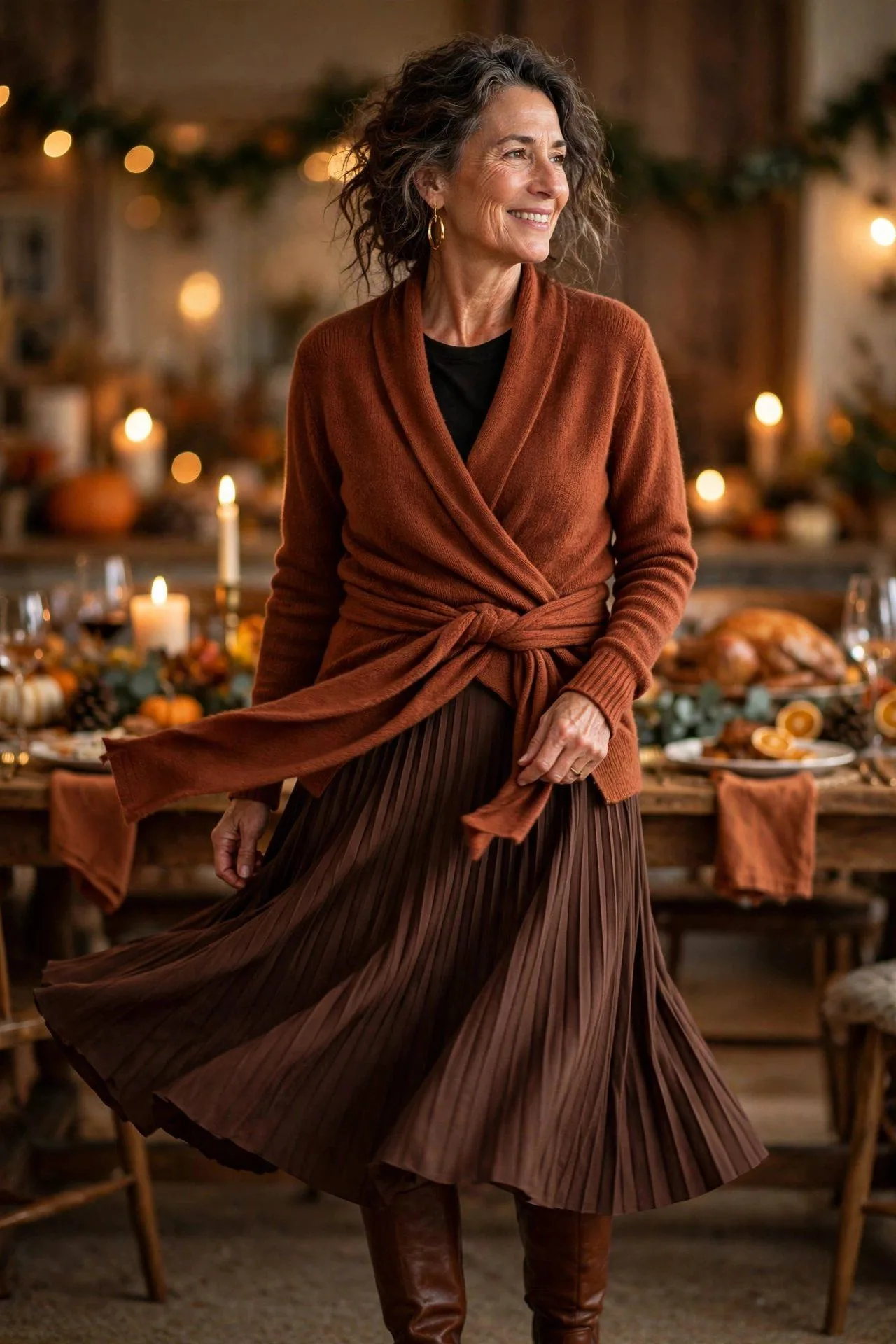 Woman over 50 in wrap cardigan and chocolate pleated skirt.