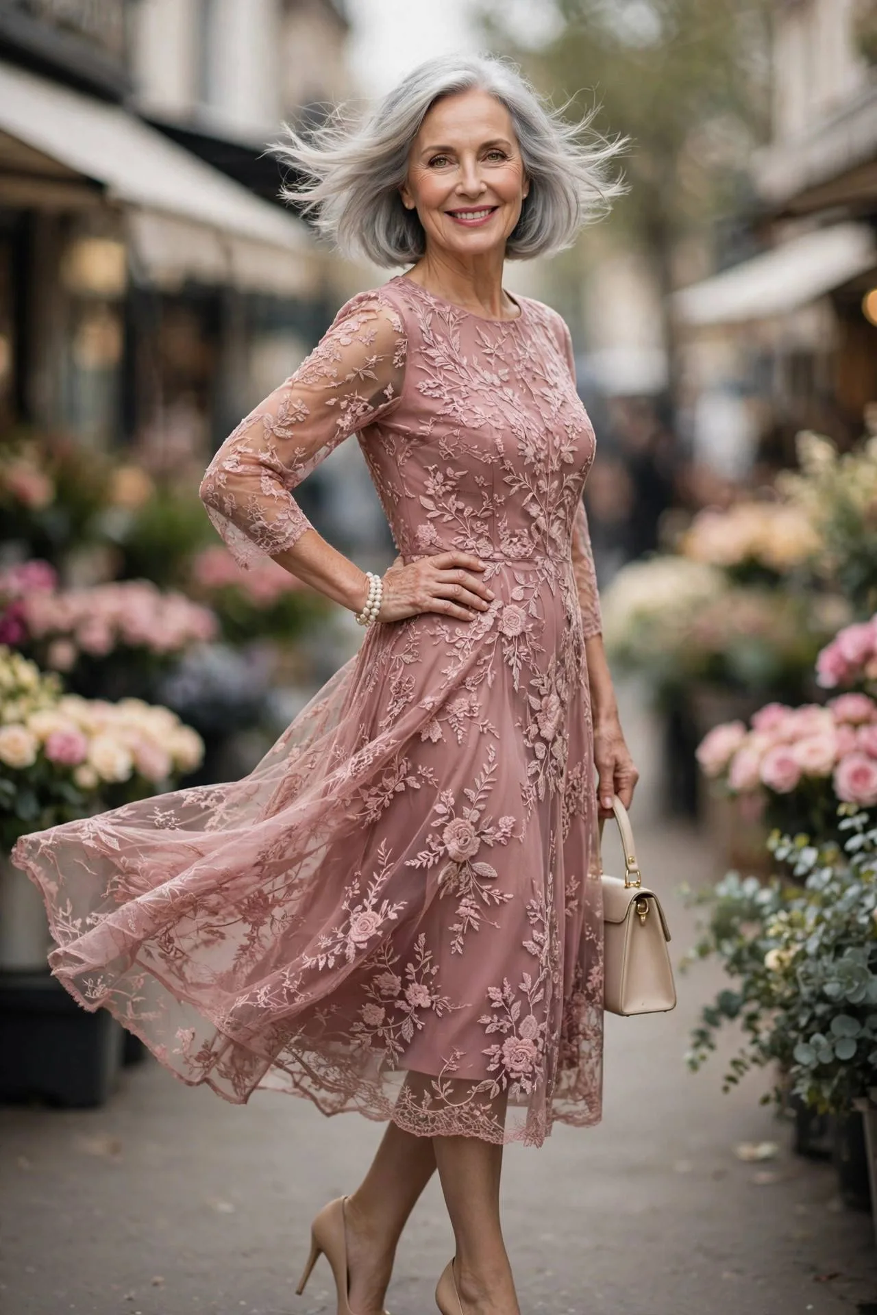 Graceful woman over fifty in dusty rose embroidered shift dress
