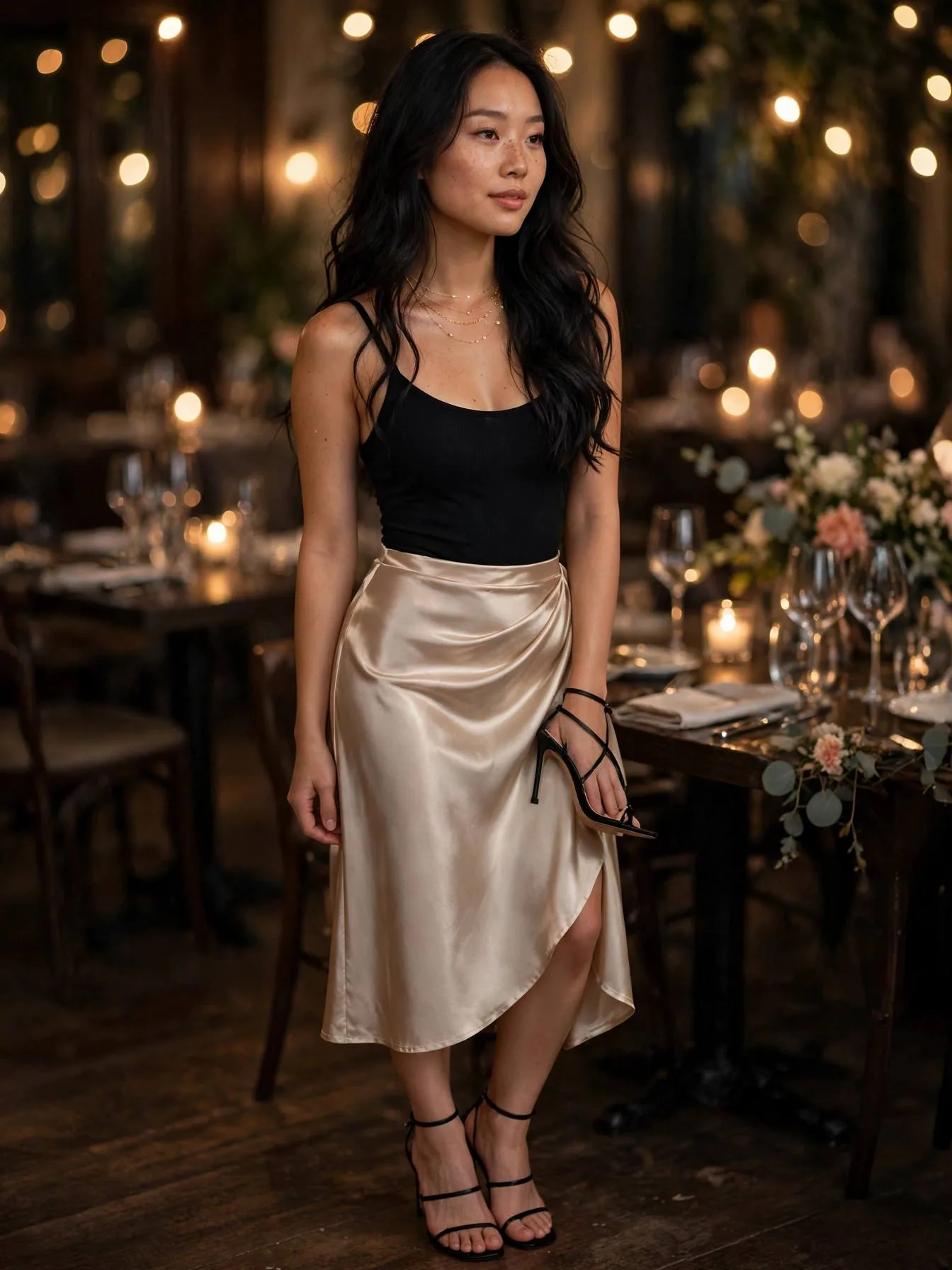Champagne satin slip skirt paired with a black bodysuit and heels.