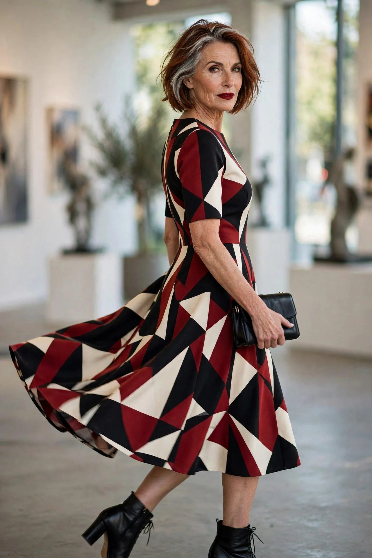 Bold senior woman wearing striking red and black patterned dress