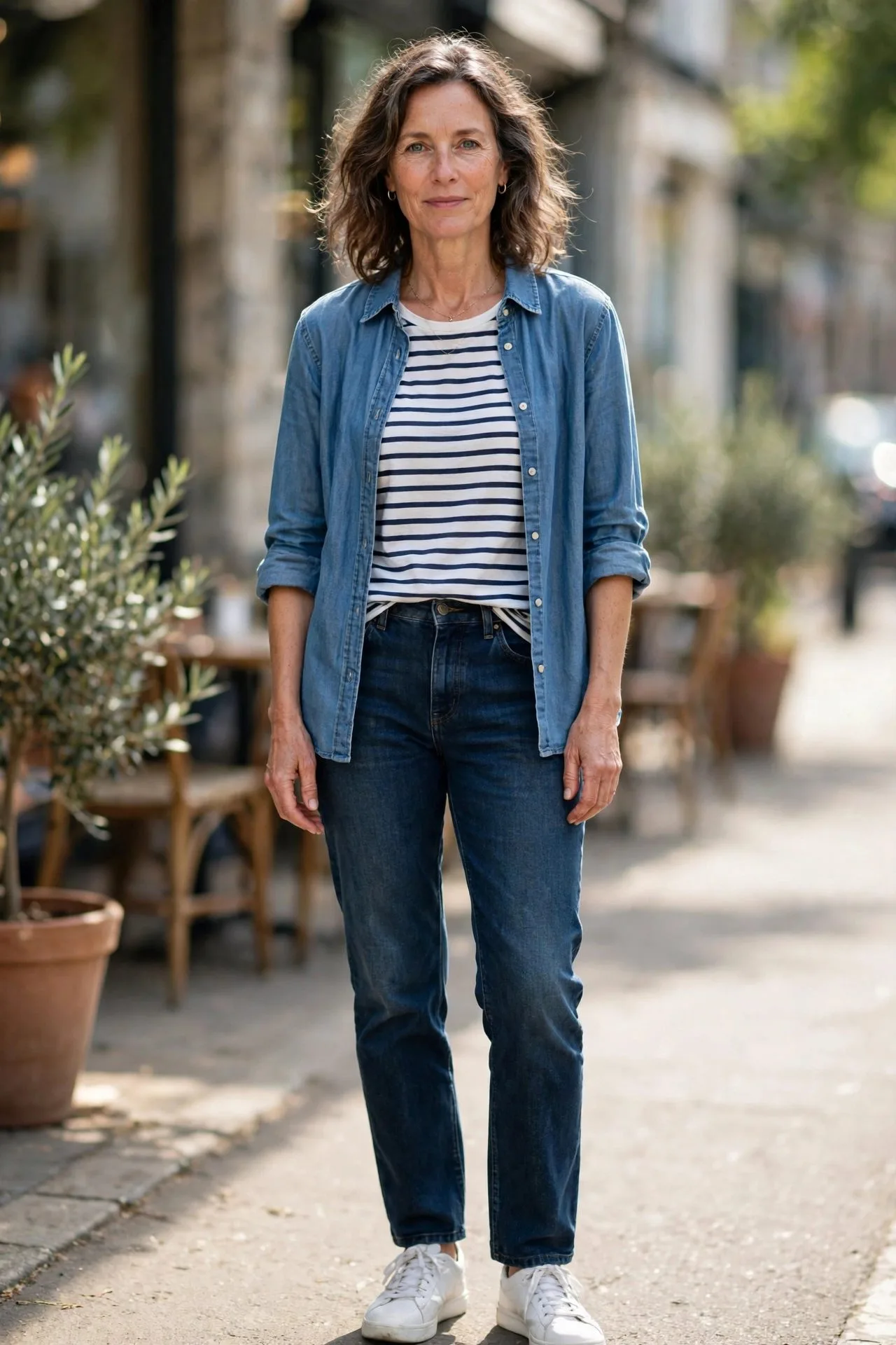 Woman over 50 in chambray shirt over striped tee and jeans