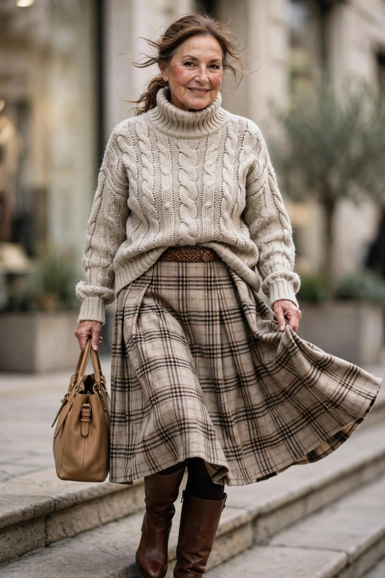Smiling mature woman in chunky oatmeal knit turtleneck, plaid wool midi skirt and knee-high boots.