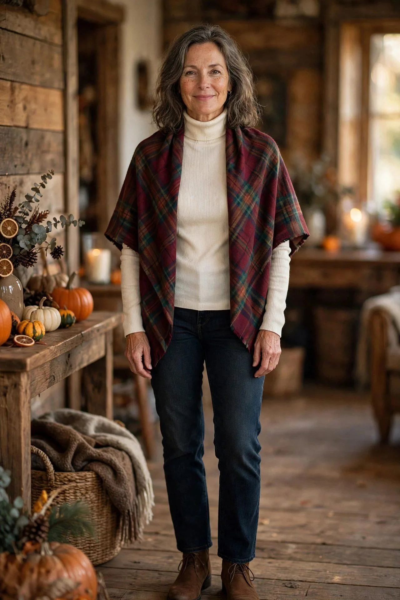 Woman over 50 in cream turtleneck with autumn plaid shawl.