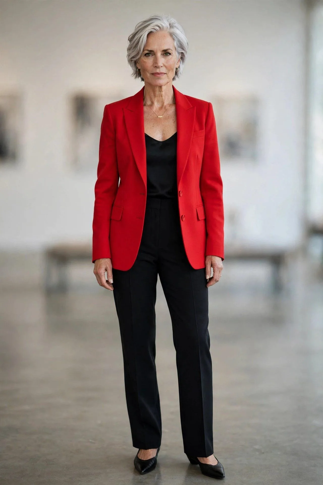 Bold crimson jacket making a statement with black trousers