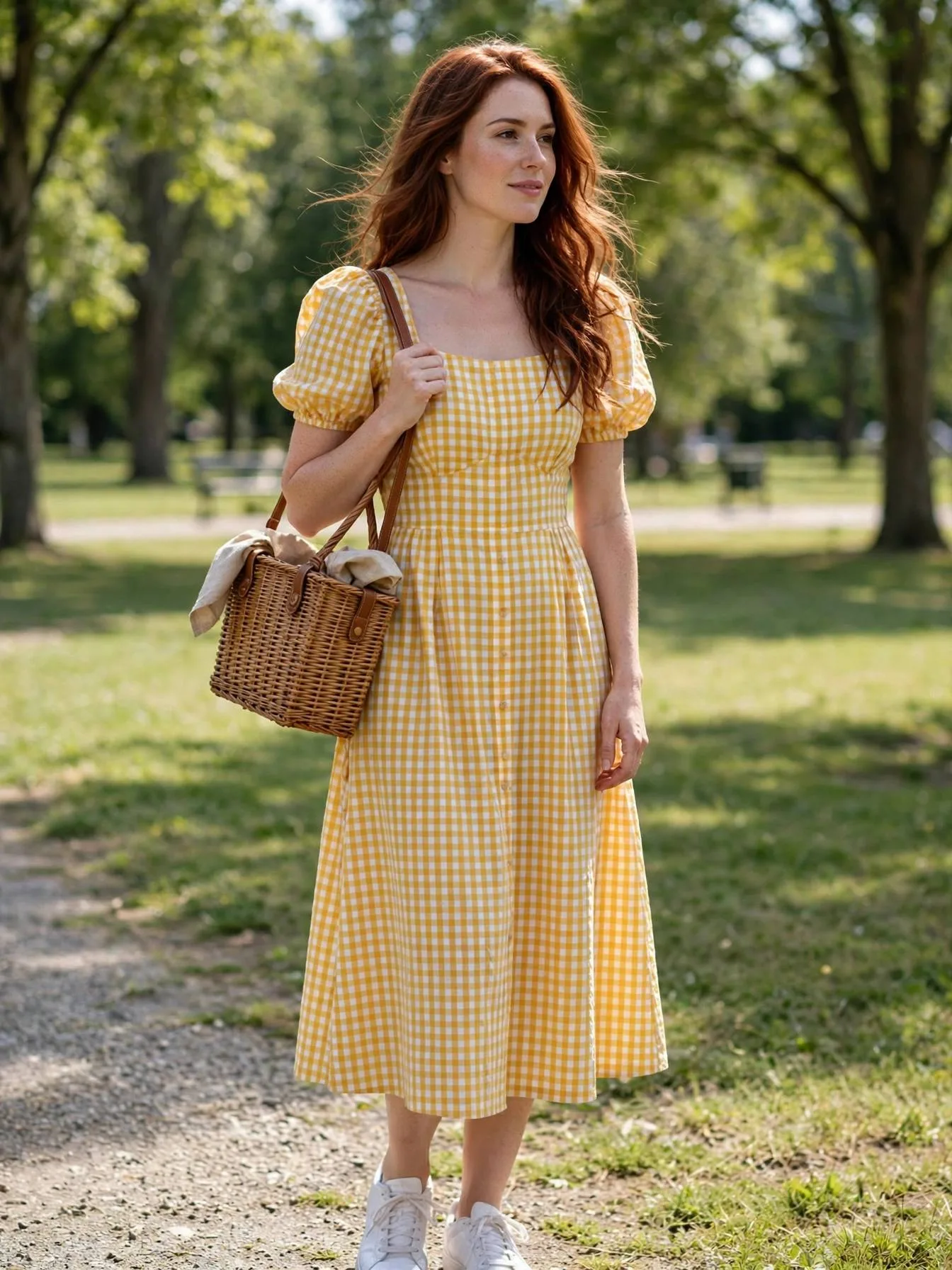 Woman wearing a yellow gingham picnic dress in a park.