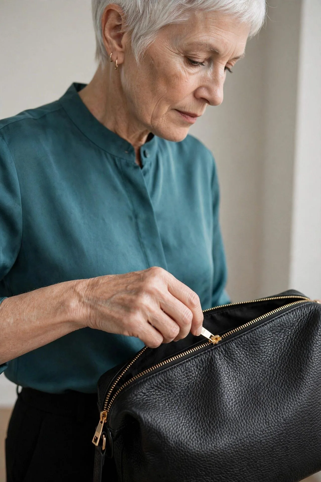 Mature lady smoothly unzipping her secure leather purse single-handedly to show easy closures.